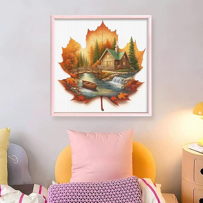 Maple Leaf Cabin Stamped Cross Stitch Kits for Adults Beginners - 45x45cm 11CT Pre-Printed Embroidery Needlepoint Starter Kit, DIY Craft Perfect for Fall Home Wall Decor, Thanksgiving Gift,