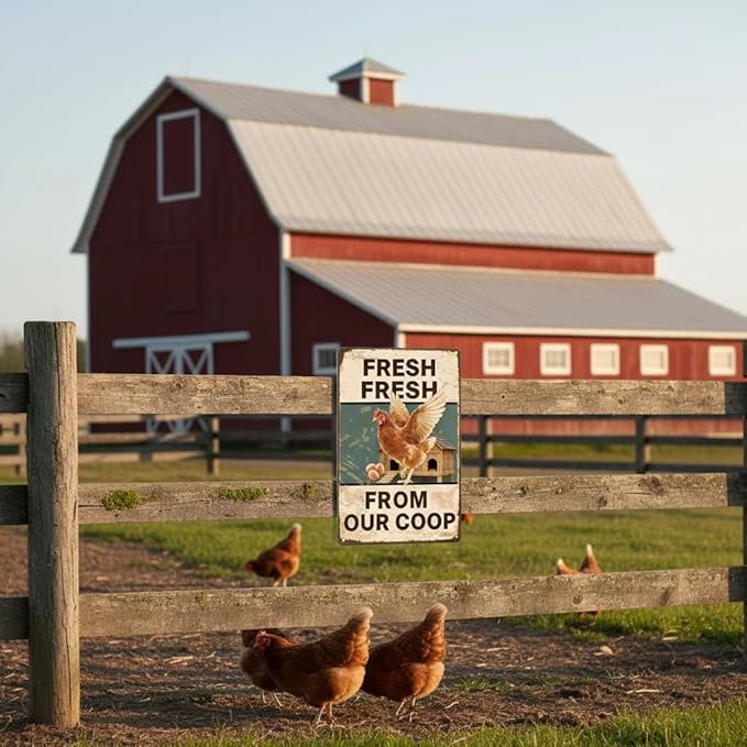 8x12 Inch Farm Chicken Metal Sign - Fresh Eggs Coop Wall Art for Farmhouse, Backyard & Chicken Coop Decor