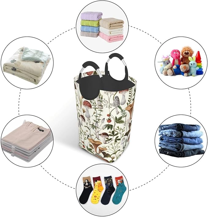 Mushrooms Berries Laundry Basket Green Plants Foldable Laundry Hamper Collapsible Laundry Baskets with Handles Clothes Hamper Laundry Tote Bag for Dorm Family Storage Bin 50L