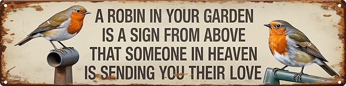 Robin in Garden Sign from Heaven Metal Sign 4x16in Memorial Plaque for Garden Wall Decor