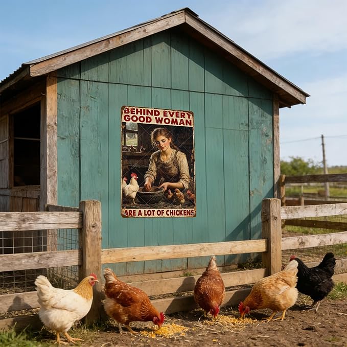 Garden Chicken Vintage Tin Sign Behind Every Good Woman Are A Lot Of Chickens Wall Decoration Poster For Home Garden Kitchen Yard Farm 16x12 Inch