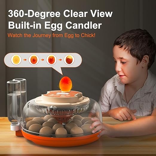 18 Egg Incubator, Automatic Turning with Temperature & Humidity Control, Egg Candler, 360 View with Air Vent, Auto Water Bottle Refill, Chicken Incubator for Hatching Eggs