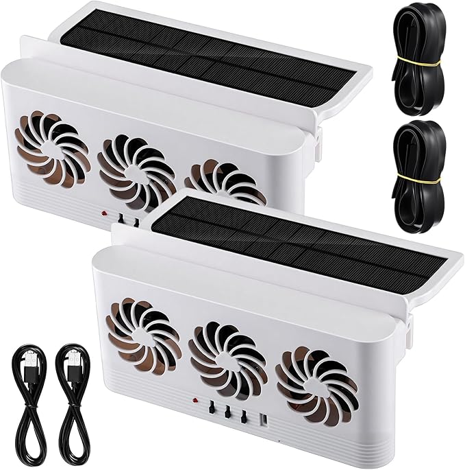 2 Pack Solar Powered Car Exhaust Fan 3 Fans Car Window Air Vent Radiator Solar Energy Cooling Vent Exhaust for General Types (Solar & Battery & USB 3 Fans,White)
