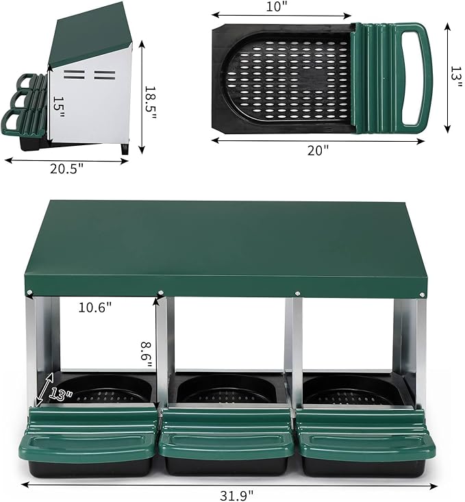 Roll Away Nesting Boxes Chicken, 3 Compartments Laying Box for Hens, Poultry Roosting Box with Swing Perch and Rollout Egg Collection, for Long - Term Backyard Poultry Farm Use (Green)