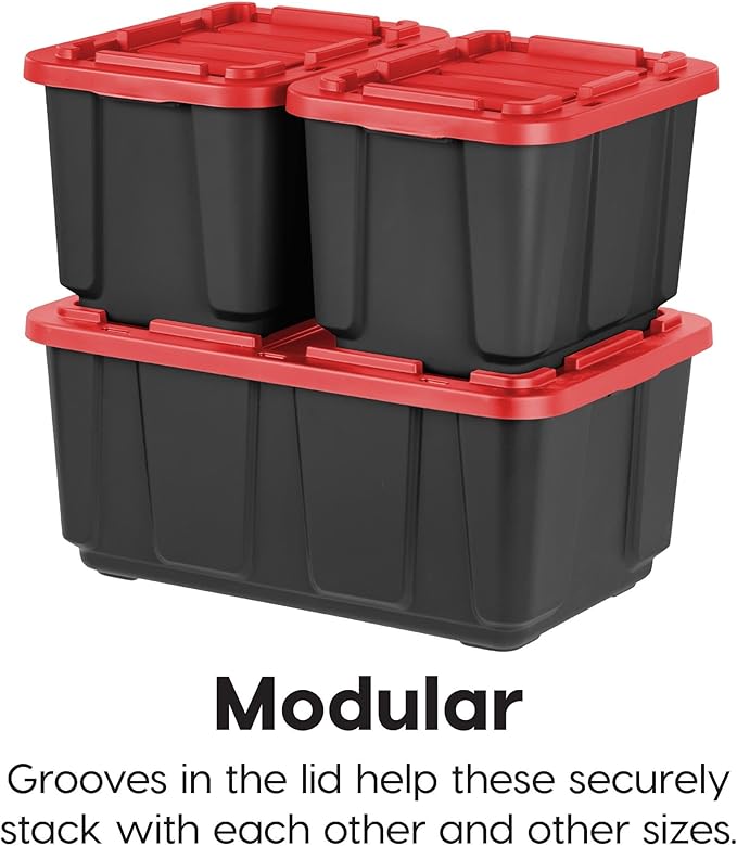 IRIS USA 4-Pack 12 Gallon Storage Bins with Lids |Made in USA| Heavy Duty Plastic Tote Containers for Truckbed Tool Box Organization, Large - Red