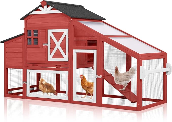 Chicken Coop with Wheels Wooden Outdoor Chicken House Easy Cleaning with Nesting Box, Deeper Leakproof Pull-Out Tray and UV Proof Panel Roof - Reinforced Version - Red