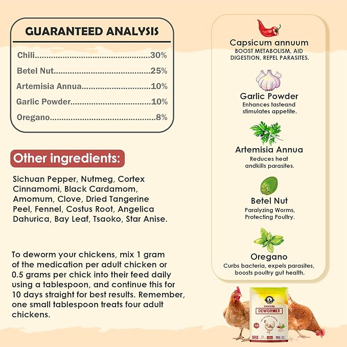 Natural Chicken Dewormer Powder, Chili Mix Formula, 1LB XL Pouch, Poultry Wormer for Laying Hens, Egg Safe, Gut Health Support, Made in the USA for Backyard Flocks