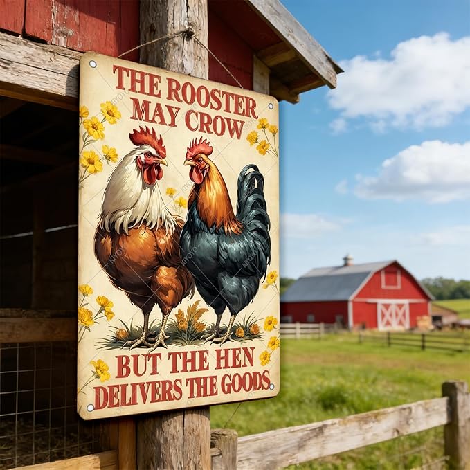 Funny Rooster Signs The Rooster May Crow But The Hen Delivers The Goods Rustic Tin Sign for Home Farm Chicken Coop Decor 12x8 Inch