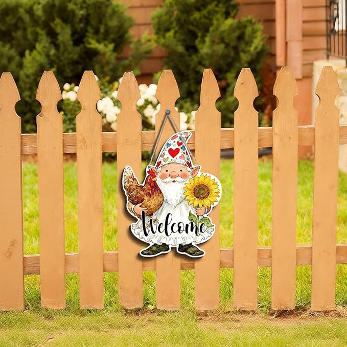 Farmhouse Wall Decor, Gnome Welcome Sign with Chicken and Sunflower, Rustic Wood Hanging Plaque, Watercolor Farmhouse Painting Style Wall Art for Porch Garden Kitchen or Entryway, 11.8x9.2 Inches