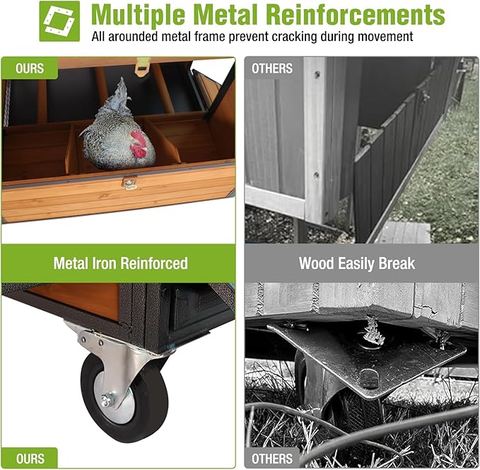GUTINNEEN Mobile Chicken Coop Upgraded with All Arounded Metal Frame Large Hen House with Super Large Wheels for 6–8 Chickens, 6 Nesting Boxes, Metal Run, 76.7" L