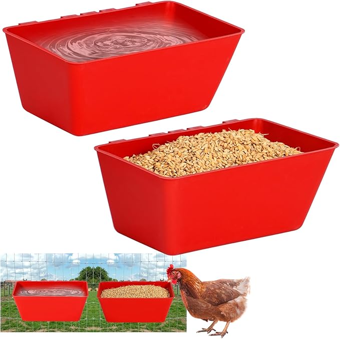 2 Pack Chicken Feeder Waterer,2.5 Quart Hanging Chicken Feeder Trough with Hooks Versatile Feeding Container for Chicken Duck Goose Rabbit Duck Feeder Poultry and Livestock Water Trough（Red）