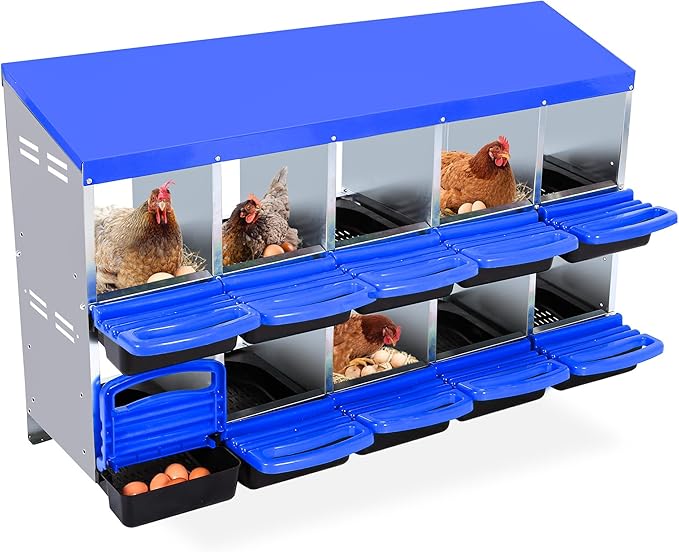 Chicken Nesting Box 10-Hole Roll Away Egg Laying Box with Lid, Galvanized Steel Rustproof Poultry Coop Box, Easy Clean, Wall Mountable No Bracket Needed for Hens, Blue