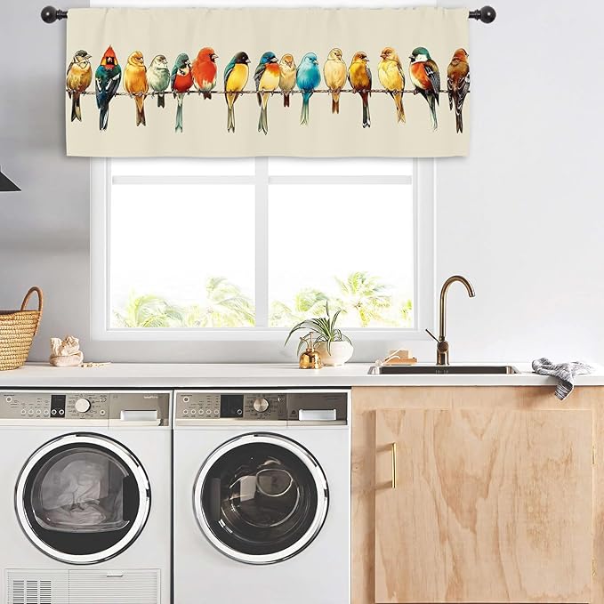 Miyotaa Birds Kitchen Curtain Valance 54W x 18H Rod Pocket Vintage Retro Colorful Window Treatment for Living Room Bedroom Bathroom