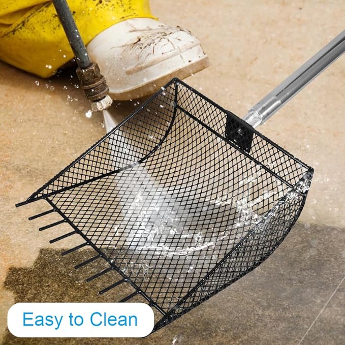 Kaleky 2-in-1 Heavy Duty Chicken Coop Rake and Scooper, 15 Inch Metal Chicken Cleaning Shovel with Adjustable Stainless Steel Handle (25 to 73 Inch) for Sand, Coops, Litter Cleaning (Black)