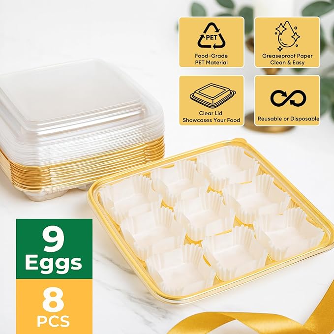 77L 72 Eggs Clear Deviled Egg Tray with Lid – Gold Plastic Party Serving Tray with Greaseproof Paper for Deviled Eggs, Sushi & Desserts