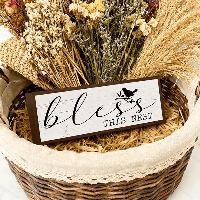 Farmhouse Home Decor, Bless This Nest Sign, Rustic Framed Wooden Block, Wall Decors Art, Front Door Porch Hallway Decors, Housewarming Gift for Christian 9.5x3.1x1 inches