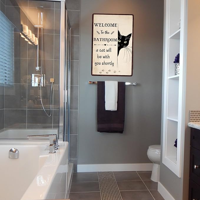 Bathroom Wall Decor, Gifts for Cat Lovers, Welcome to the Bathroom Art Sign, Funny Metal Cat Signs for Bathrooms Restrooms Toilet Powder Room 8 X12 Inch