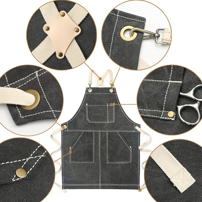 Jeanerlor - 16oz Water-Resistant Work Aprons for Women and Men Canvas Tool Apron with Pockets Adjustable S to XXXL