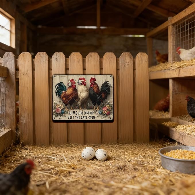 Funny Farmhourse Chicken Coop Metal Tin Signs Vintage Chicken Decor Sign Live Like Someone Left The Gate Open Poster for Home Kitchen Garden Restaurant Rooster Outdoor Wall Art Decor 16x12 Inch