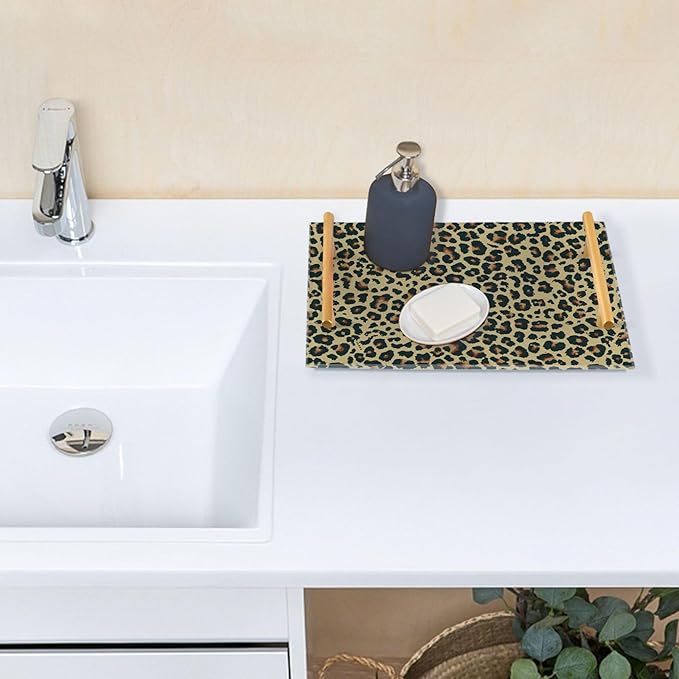 Bathroom Vanity Tray Counter Organizer, Leopard Decor Decorative Tray with Handles Countertop Storage for Bathroom Bedroom Kitchen Home Farmhouse