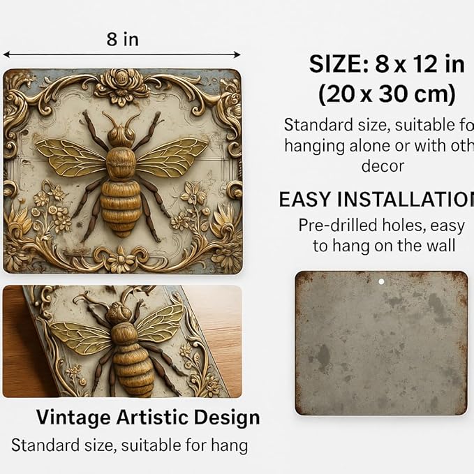 Vintage Bee Metal Tin Sign Wall Art, 3D Embossed Iron Hanging Decor, Indoor Outdoor Use for Home Bedroom Restaurant Bar Cafe School Library Door Garage Decor - Pack of 1, 12x8 Inch