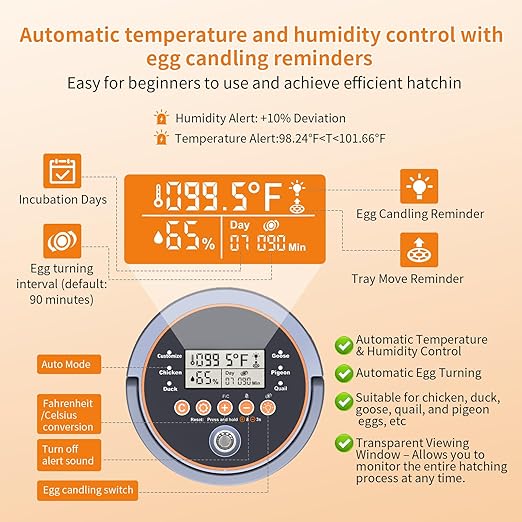 Incubator, Egg Incubator, Incubator for Hatching Eggs with Egg Candler, Automatic Egg Turner, Temperature& Humidity Control for Chicken, Duck, Quail,Goose, Carrying Handle Design,360° Viewing