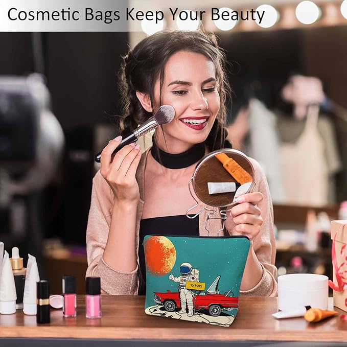 Women Makeup Organizer Bag Astronaut Cosmos Galaxy Space Astronaut Spaceship Flax Cosmetic Bag Makeup Bags Toiletry Bag Accessories Organizer Travel Bags For Home Bathroom Office Hotel Gym