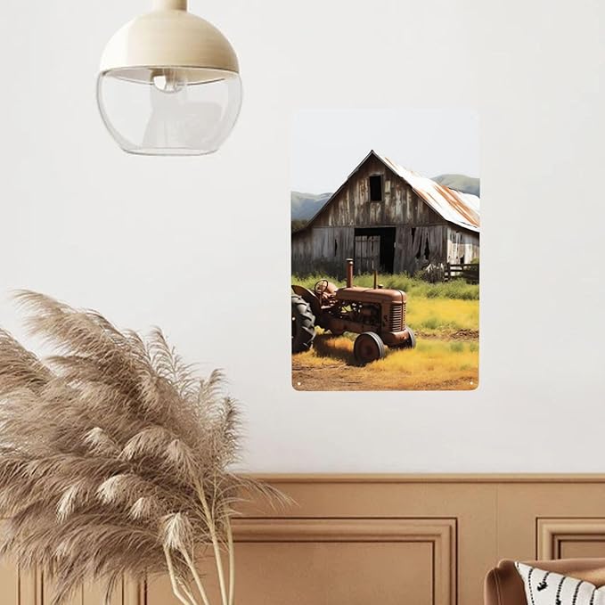 Old Wooden Barn with Rusted Tractor Metal Sign Vintage Tin Signs Retro Wall Art Decor Metal Poster Plaque Garage Bar Patio Wall Decorations Gifts for Men Women 12 X 8 Inches Outdoor & Indoor