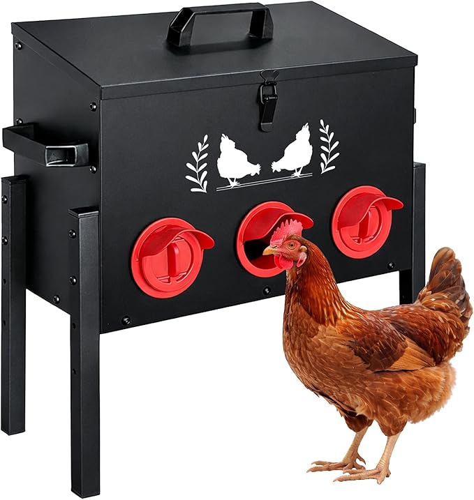 Large Capacity Automatic Chicken Feeder, 6 Port Chicken Feeder, 28LB Metal Chicken Feeders with Locking Lid & Adjustable Legs, No Waste Chicken Feeder, Black