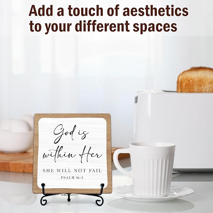 Religious Gifts for Women, 5 Inch Rustic Bible Verse Decor, Inspirational Wooden Plaques for Home Office, God Is Within Her She Will Not Fail Sign - A11