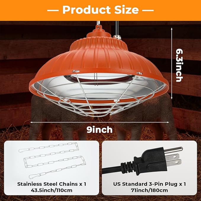 350W Chicken Coop Heater, Adjustable Height Hanging Heater for Poultry, Dual-Mode Heat Lamp for Chickens Brooder Heater Bulb for Chicks & Pet House, 3S Fast Heating (Orange)