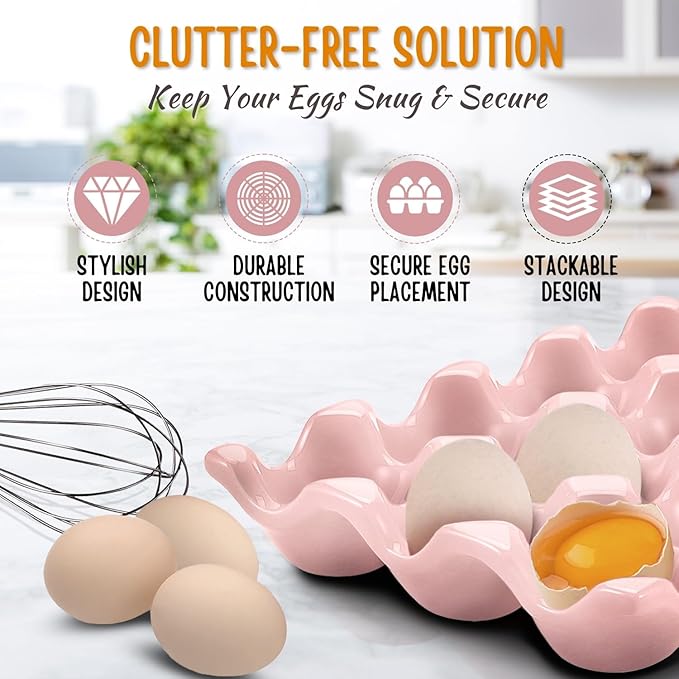 Flexzion 12 + 6 Cups Ceramic Egg Holder for Fridge - 18 Porcelain Egg Tray Container Keeper Storage Organizer Decorative Serving Stand Serveware for Refrigerator Countertop Display Kitchen (Pink)