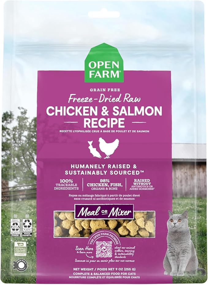 Open Farm, Freeze Dried Raw Cat Food, Complete Meal Morsels or Cat Treats with 92% Meat, Organs & Bone, Chicken & Salmon Recipe, 9oz Bag