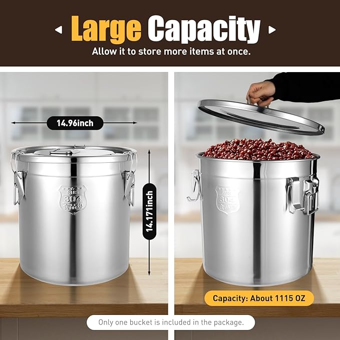 33L (8.72 gal) Stainless Steel Food Storage Container with Lid, Airtight Locking Bucket for Rice, Flour, Pet Food - Food Grade 304, Commercial & Home Kitchen, 405 oz Capacity (8.72 gal)