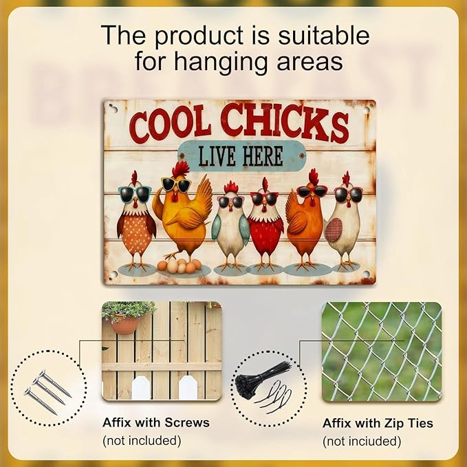 Chicken Metal Decor Sign Vintage Metal Tin Sign Wall Art Decor Cool Chicks Live Here Chicken Coop Signs Accessories for Outdoor Decorations Gifts for Women and Hen Lovers 8 X 12 Inch