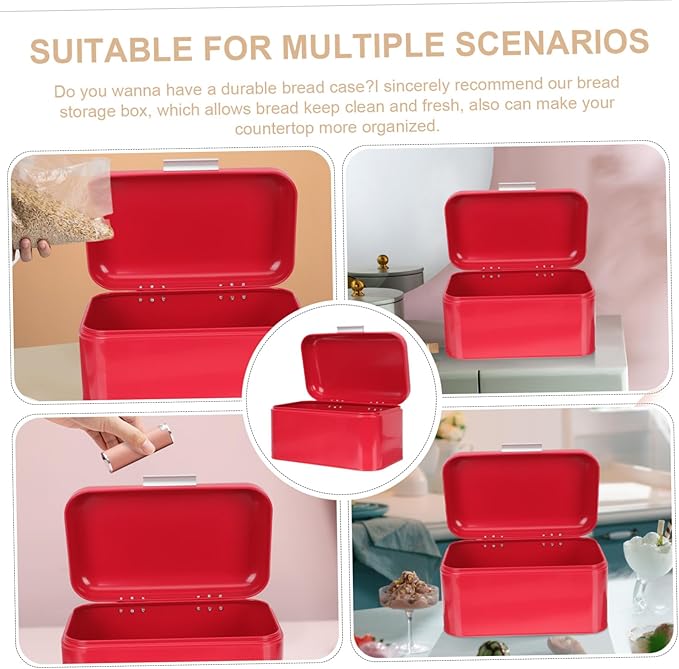 Lurrose Retro Iron Bread Box with Cover Portable Metal Storage Container for Bread Snacks Fruits Kitchen Utensils Stable Base Grain Storage Bin for Countertop Red Vintage Kitchen Decor