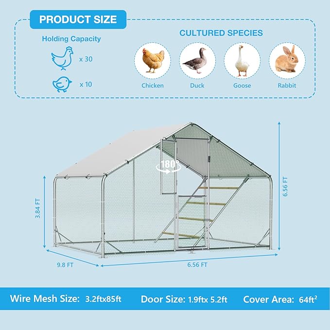 Large Metal Chicken Coop, Chicken Runs for Yard with Cover, Walk-in Chicken Run, Outdoor Chicken Pen, Heavy-Duty Galvanized Frame with Roosting Ladder,10x6.5x6.5FT