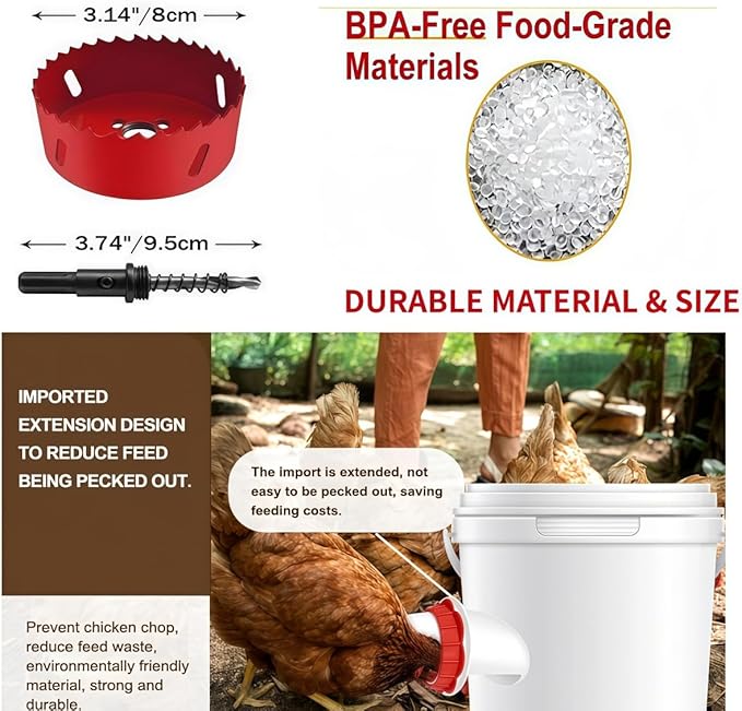 Chicken Feeders No Waste, DIY Automatic Poultry Feeder 8 Ports 1 Hole Saw with Covers Gravity Feed Kit for Buckets Barrels Bins Troughs (Red, 8)