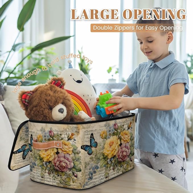 Retro Flowers Storage Bins with Lids, Watercolor Butterfly Fabric Storage Boxes with Zipper, Collapsible Decorative Closet Organizer Cube for Clothes, Organizing, Shelves