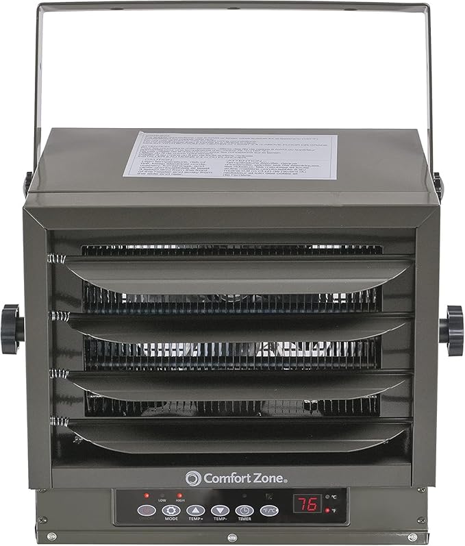 Comfort Zone 7500W Hard-Wired Garage Heater – Industrial & Commercial Ceiling Mount, 240V Fan-Forced with Remote, Digital Thermostat, Timer, 2 Heat Settings, Overheat Protection, Grey