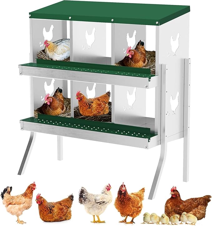 Metal Chicken Nesting Box, 6 Compartments, Rollout Egg Collection, Large Vented Holes, Perch Included, Wall Mount or Free Standing Laying Box for Hens and Chickens - Green with Legs