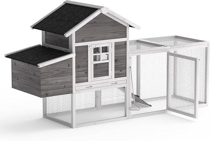 GOJOOASIS Chicken Coop for 2-4 Chickens Outdoor Grey Wooden Hen House Poultry Cage w/Wire Fence, Ramp, Nesting Box, Tray, Roosting Bar, 4 Access Areas (E)