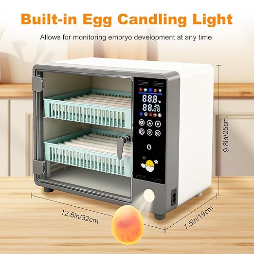 24 Egg Incubator, Automatic Egg Turner Hatching Machine with Candling Light Auto Water & Automatic Temperature & Humidity Control | Adjustable Egg Tray for Chicken Duck Quail Pigeon