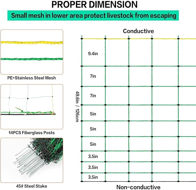 Electric Poultry Netting, 49.6" H x 164' L, Electric Chicken Fence with 14 Posts Double Spiked, Utility Portable Mesh for Chickens Sheep Hogs Goats Deer Dogs Lambs Used in Backyards Farms Ranches