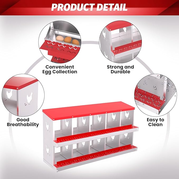 Chicken Nesting Box, Red 10 Hole Egg Laying Box, Suitable for Chickens & Ducks, Large Holes for Ventilation, Convenient for Picking up Eggs, Chicken Coop Nesting Box, Fully Galvanized