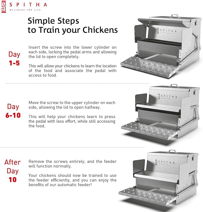 Automatic Chicken Feeder-Chicken Coop Accessories 40 lbs Treadle Chicken Feeders No Waste Steel Poultry Feeder Rodent Proof Weatherproof Comederos para Gallinas Supports 8-13 Chickens 12 Day