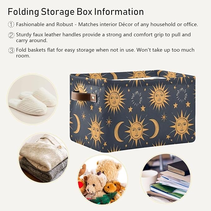 JIPONI Astrology Suns Moon Fabric Storage Bins for Shelves, Decorative Storage baskets for organizing, Closet Organizer with Handle for Cloth, Toys, Bedrooms, Farmhouse