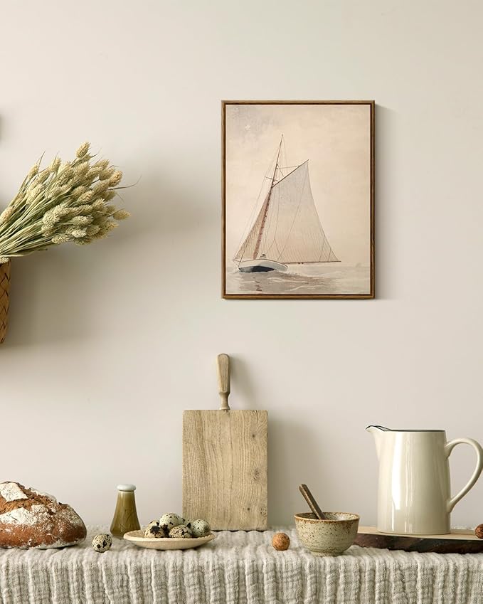 InSimSea Framed Canvas Wall Art, Classical Coastal Wall Decor White Sailboat Seascape Artwork Vintage Painting Beach Home Decor Boho Wall Pictures Farmhouse Art Prints Bathroom Office 12x16in