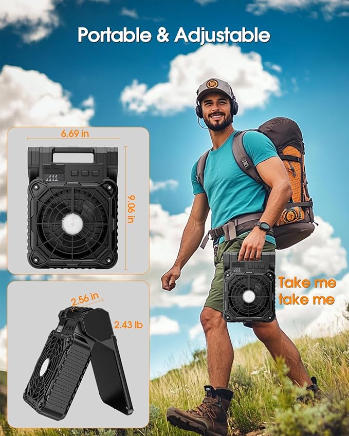 Solar Camping Fan 10400mAh, Solar Powered Fan with LED Lantern, 7W Rechargeable Battery Operated Fans for Outside, 4 Speeds, 2-8H Timer and Quiet Battery Powered Solar Tent Fans for Outdoor, Barbecue