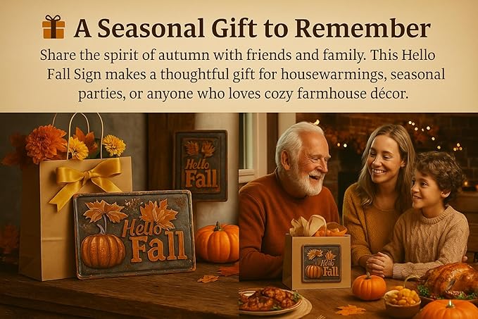 "Hello Autumn" Vintage Metal Tin Sign - Pumpkin & Fall Leaves Design, Perfect for Garage, Porch, Cafe, Bar, For Man Cave, Farmhouse & Yard Decor, 12x8 Inches